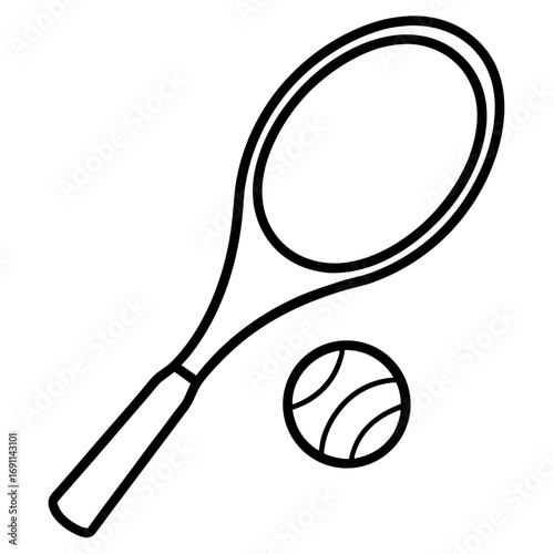 Tennis racket and ball outline vector, a modern tennis racket icon art design, black vector of tennis ball, simple sports ball art, tennis racket isolated