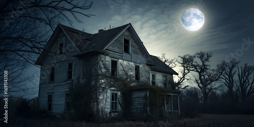 Spooky haunted house with full moon night background Halloween design