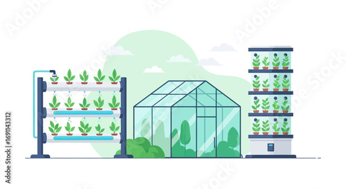 Illustration of a greenhouse, vertical farm, and hydroponic system, showcasing modern agricultural techniques.