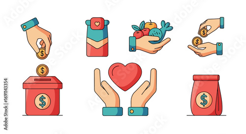 Collection of simple icons depicting various acts of giving and charity.
