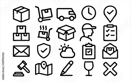 Essential delivery service icons representing shipping, tracking, and logistics management