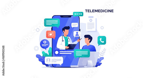 A digital illustration of a telehealth consultation between a doctor and patient on a smartphone.