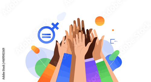 Diverse hands reaching upward in unity, symbolizing empowerment and equality, with a gender equality symbol.
