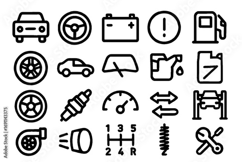 Essential car service icons for auto repair or maintenance, simple automotive symbols set for website or app