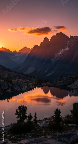 Serene Mountain Lake Sunset Reflection.