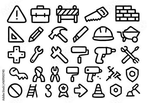 Construction icon set for builders, hand tools, engineering, and safety needs featuring site elements