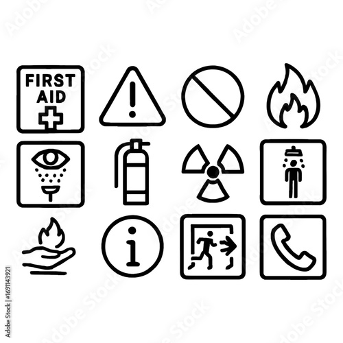 Essential safety signs set for industrial workplace or emergency situations, clear and concise icons