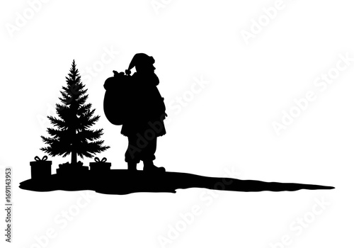 Santa Claus silhouette arrives with Christmas tree and gifts for holiday cheer and festive designs