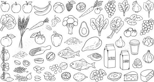 Big Vector Set of Healthy Food Ingredients with Hand-Drawn Sketches, Isolated Organic Food and Nutrition Objects