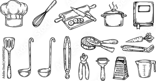 Cooking Classes and Kitchen Utensil Set, Vector Hand-Drawn Isolated Objects and Icons in Vintage Sketch Style