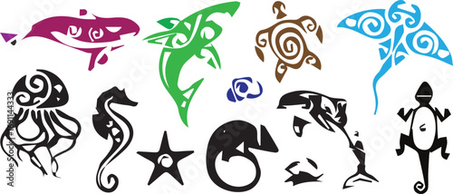 Tribal sea creatures and animals dolphin whale