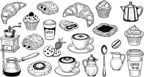 Coffee and Bakery Vector Elements with Hand-Drawn Vintage Sketch Illustrations of Pastry, Latte, Cappuccino and Coffee To Go Cup Template Design
