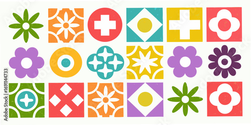 Colorful retro geometric patterns and flowers with a textured vintage feel