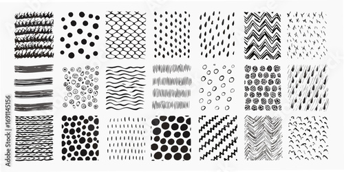 Collection of hand drawn abstract black and white patterns and textures for design backgrounds