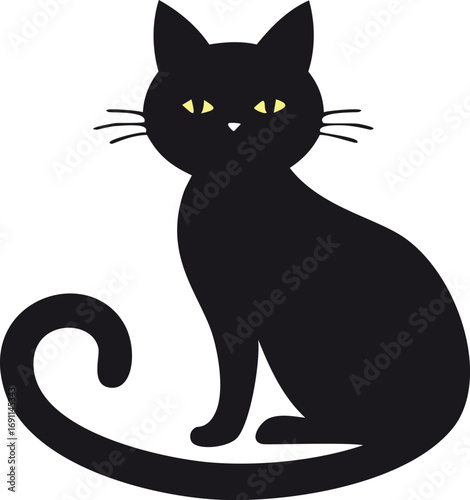 Black cat with yellow eyes sitting with curled tail feline domestic animal