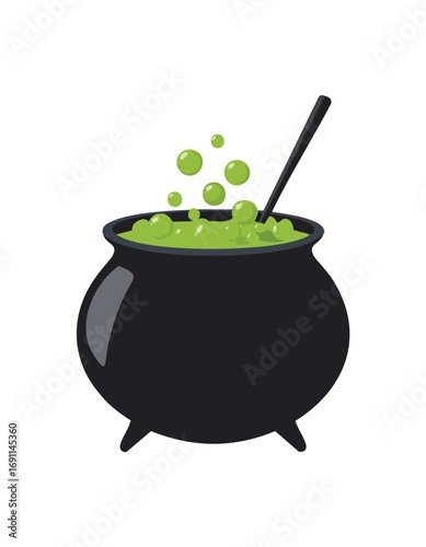 Black cauldron bubbling green potion with bubbles and stirring stick vector