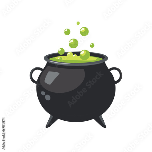 Black cauldron bubbling with green liquid and bubbles vector