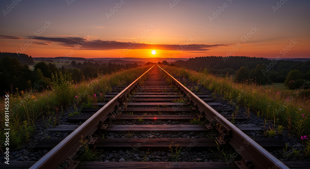 Obraz premium 3D image Sunset Railroad Tracks Stretching into Horizon with Wildflowers, Rolling Hills, and Dramatic Sky Capturing Nature’s Beauty and Perspective.