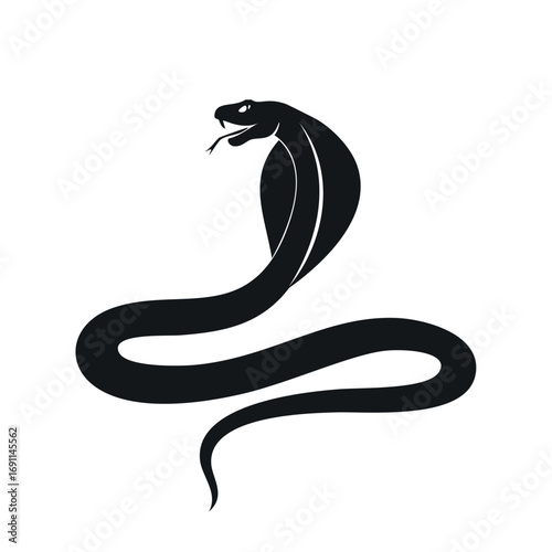 Black cobra snake with hood flared and tongue flicking reptile silhouette