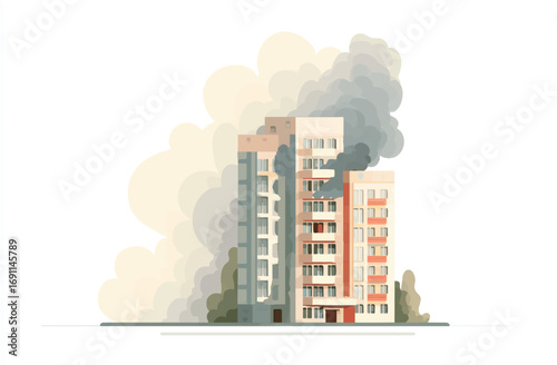 Apartment Building Fire Emergency Disaster Illustration Showing Smoke and Destruction Emphasizing Crisis Situation in City Area