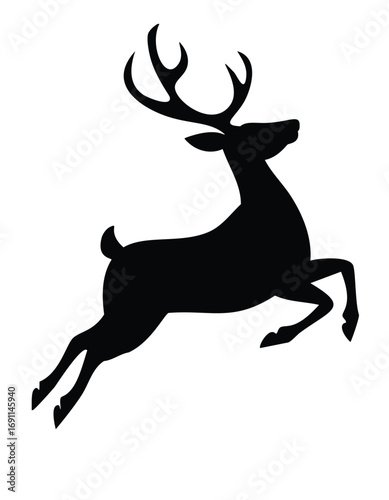 Black silhouette of a leaping reindeer with antlers white