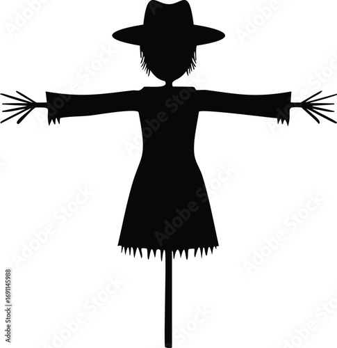 Black silhouette of a scarecrow with outstretched arms and a wide brim hat white background