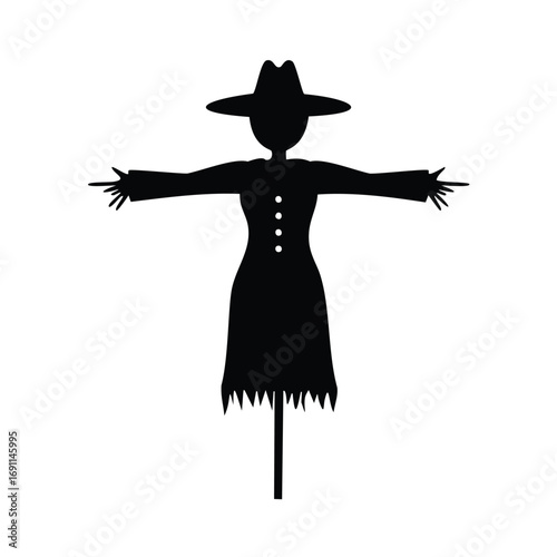 Black silhouette of a scarecrow with outstretched arms and a hat white