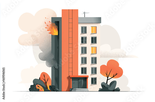 Apartment building on fire with smoke and flames disaster scene with orange and gray colors