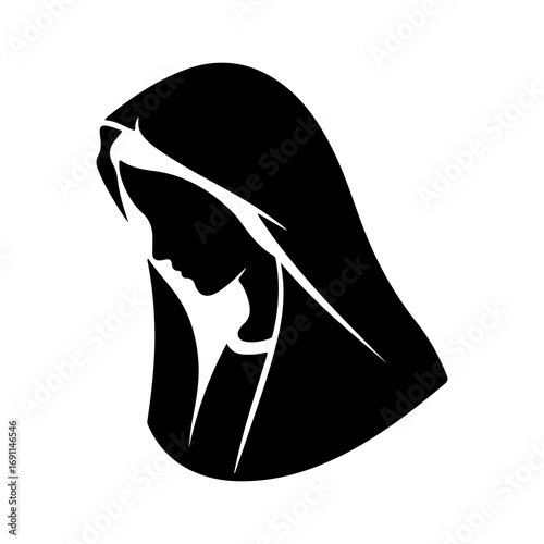 Black and white silhouette of the Virgin Mary in profile.