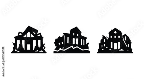 A set of war destroyed building silhouette vector illustration