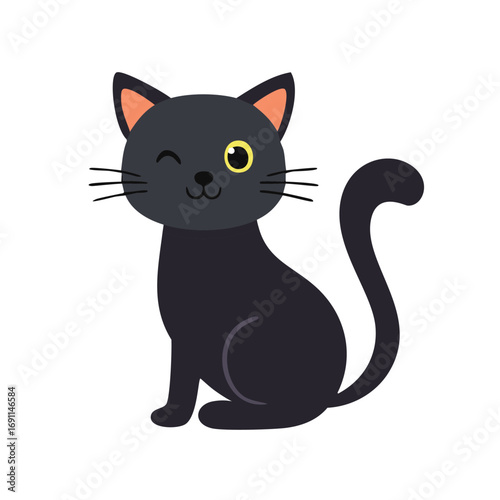Cute black cat winking with yellow eye cartoon