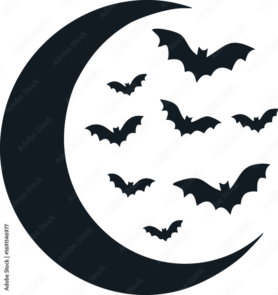 Fototapeta premium Dark crescent moon with flying bats night
