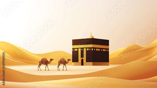 Illustration of the Kaabah with desert sand, mosque minarets, moonlight, and camels, symbolizing Islamic spirituality, pilgrimage, and cultural heritage