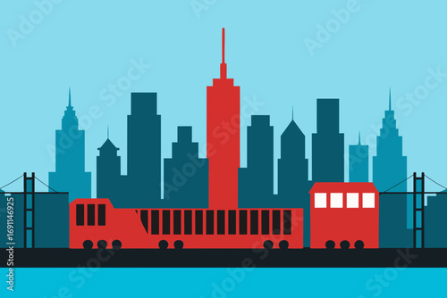Vibrant cityscape skyline with modern buildings and red tram illustration vector