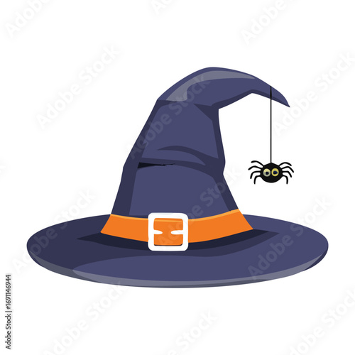 Dark blue witch hat with orange band and hanging spider halloween