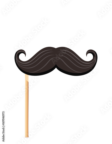 Dark curly mustache prop on wooden stick fake accessory