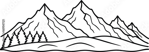 Black and white mountain peaks with trees and rolling hills landscape scene