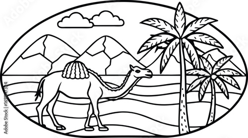 Serene desert landscape camel oasis palm trees and mountains oval outline scene