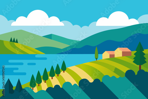 Vibrant vector landscape illustration of a serene lakeside village with rolling hills