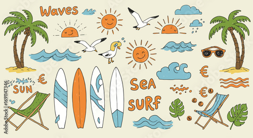 Summer beach doodles featuring palm trees, surfboards, waves, and sunshine, creating a vibrant and playful vacation theme isolated on white background