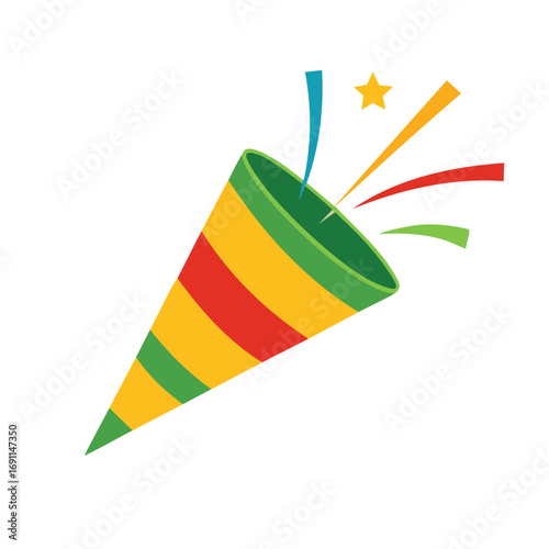 Festive party popper exploding with colorful streamers and star celebration confetti