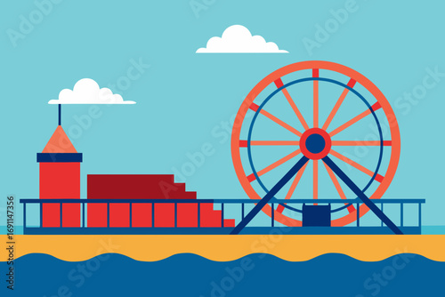 Vector illustration of a classic amusement pier with ferris wheel by the ocean