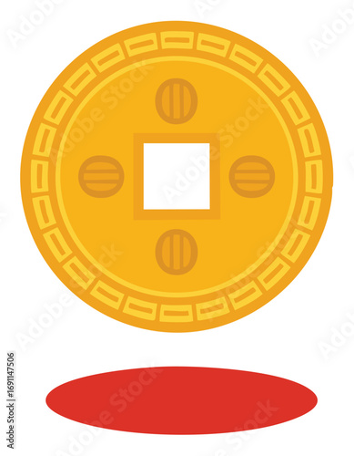 Golden coin with square hole and red oval shape yellow