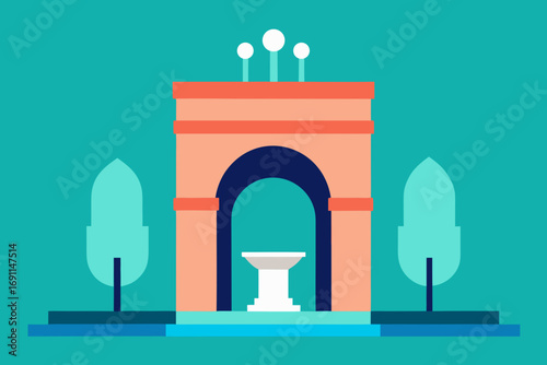 Vector illustration of an orange archway monument with fountain and trees in a flat design