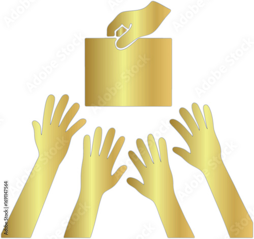 A polished gold icon representing a hand giving a box to reaching hands. Perfect for luxury branding in donation campaigns, charitable organizations, community aid, NFTs, or generosity-themed designs.