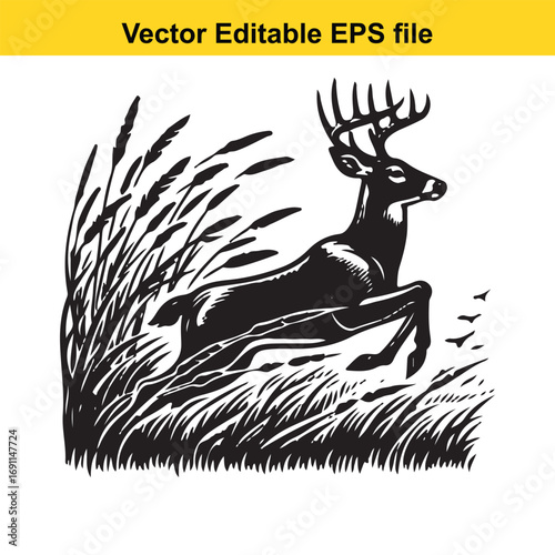 Black and white illustration of a deer running through tall grass