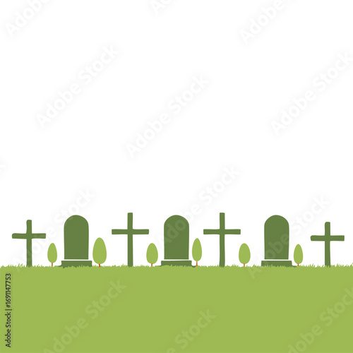 Green gravestones and crosses on grassy hill cemetery graveyard