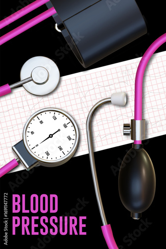 Blood pressure realistic poster, banner template with medical stethoscope, tonometer and ecg. Vector. Healthcare, medicine and diagnosis concept. Medical equipment blood pressure monitor.