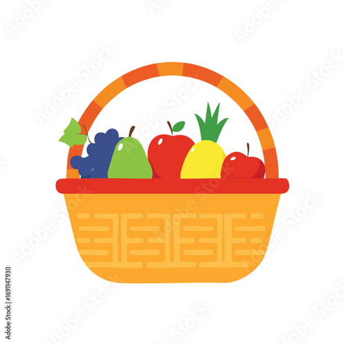 Orange basket filled with colorful fruits and green leaves fruit basket grapes