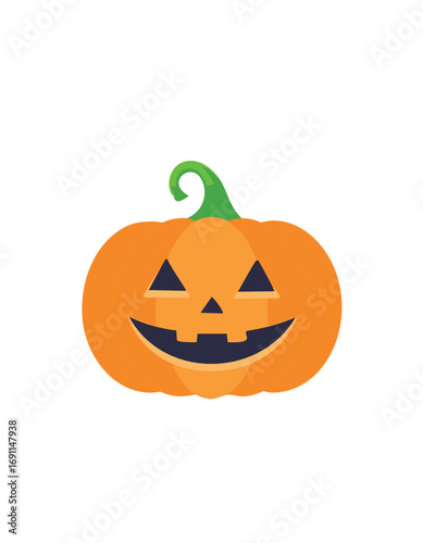 Orange pumpkin with carved face and green stem halloween jackolantern